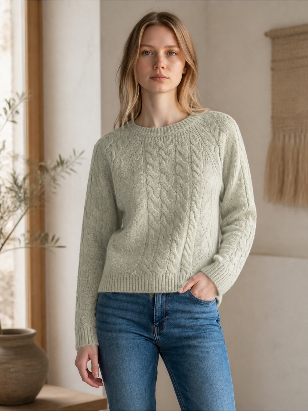 60 NWT Rachel Zoe Soft Green Cable Knit Sweater Size Large